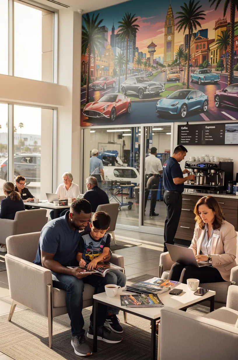 Friendly customer service representative assisting a client with scheduling and service inquiries at an auto care facility.